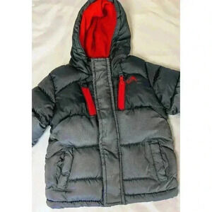 Vertical '9 Boys Lined Puffer Jacket Siz 18 Months Gray Red Hooded Pockets EUC